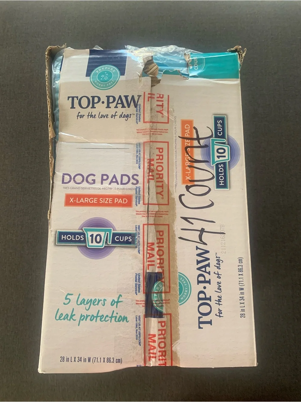 Opened Damaged Box W/ Less Top Paw Dog Pads Holds 10 Cups 28”LX34”W XL 41 Ct NWT